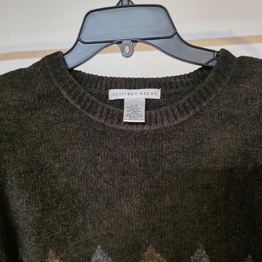Vintage Geoffrey Beene Mens Large Chenille Argyle Sweater Brown Grey Crewneck - Picture 7 of 10